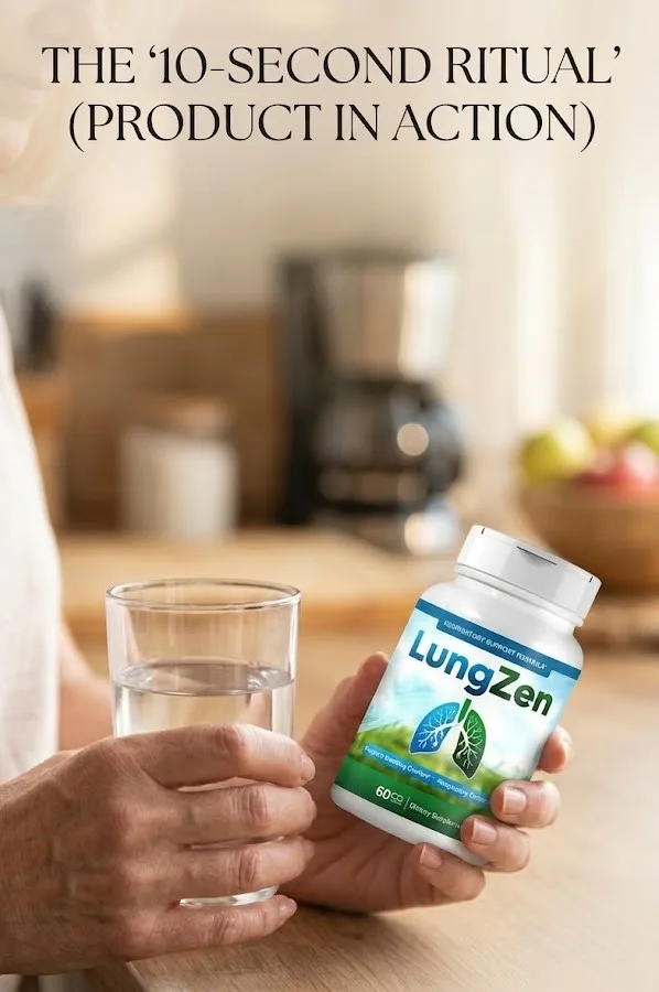 Person holding LungZen lung health supplement with glass of water